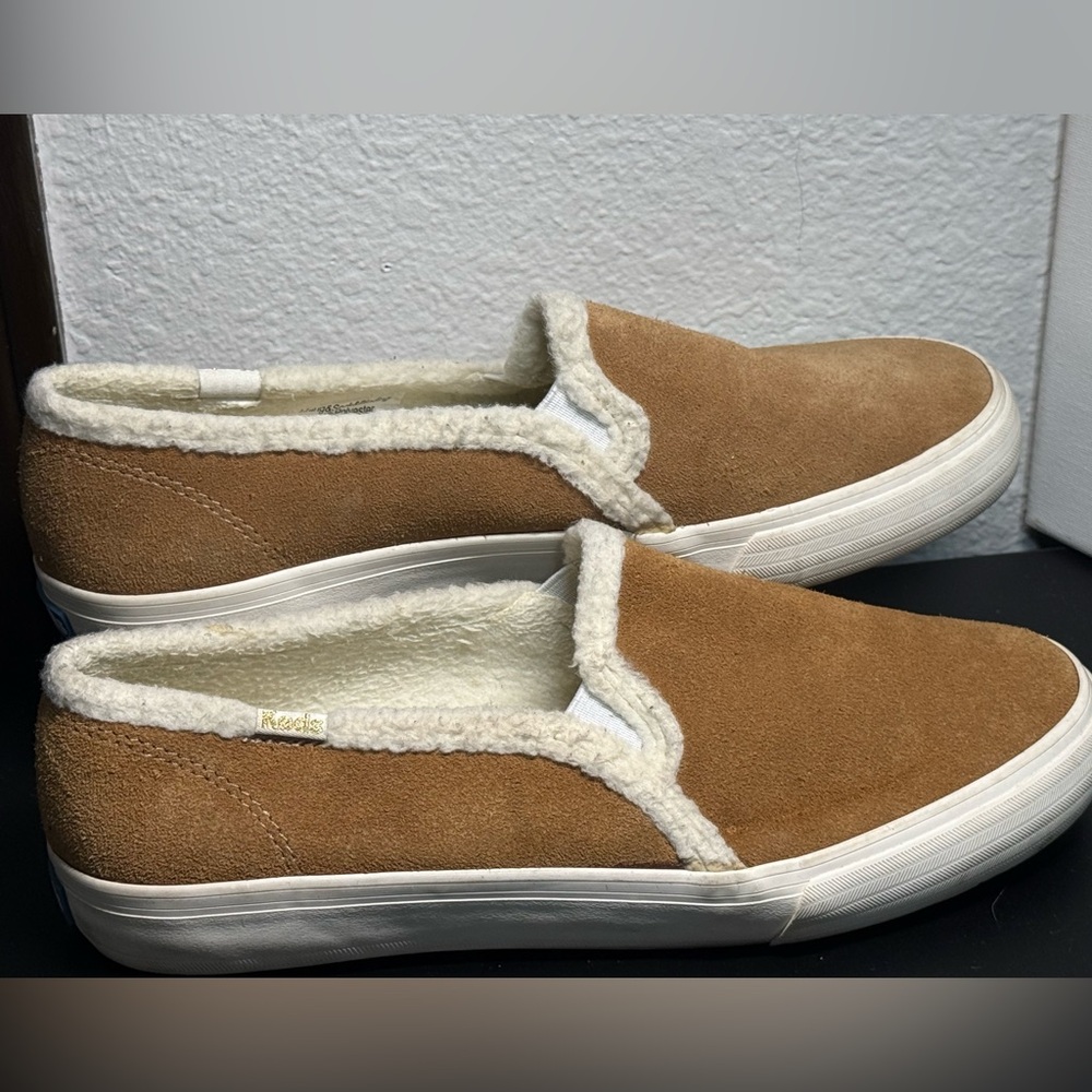 Keds Women's Slip-On Suede Loafers in Tan with Cream Sherpa Trim